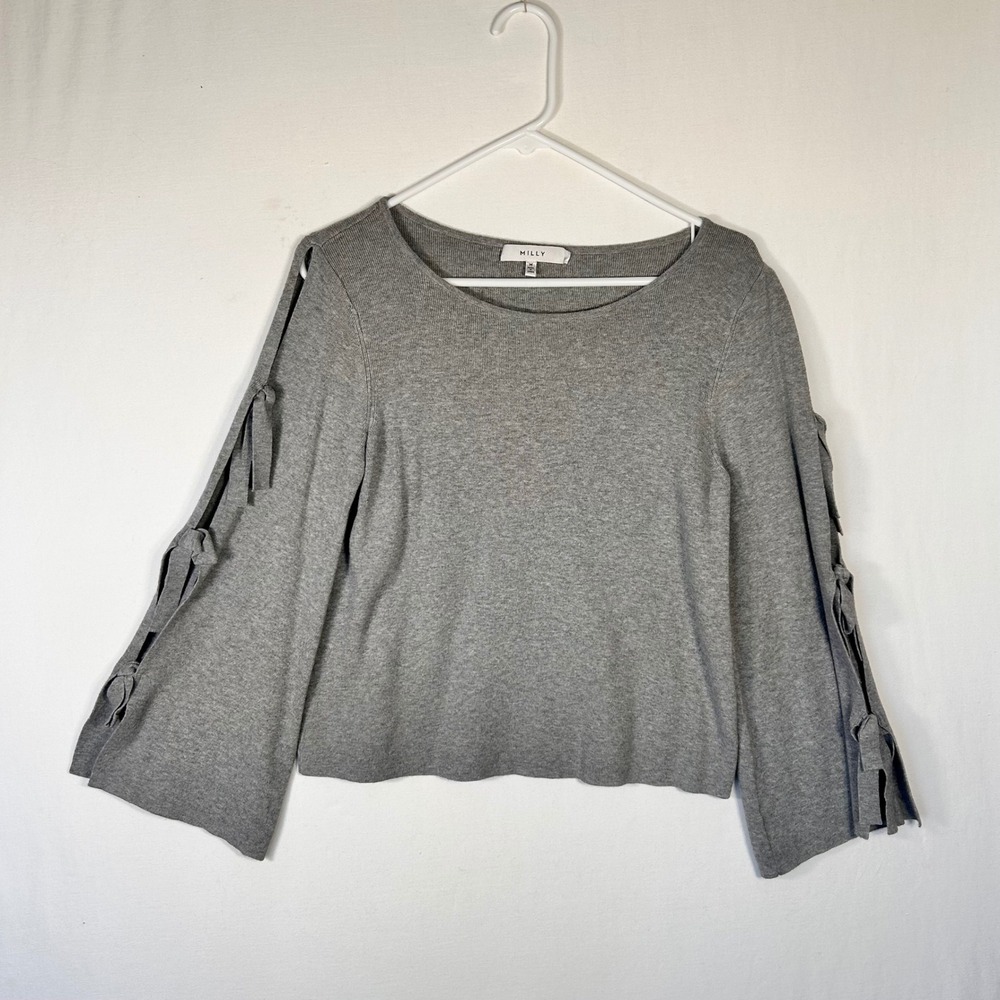 Milly Womens Grey Cold Shoulder Bow Sleeve Knit Sweater Size Medium coquette